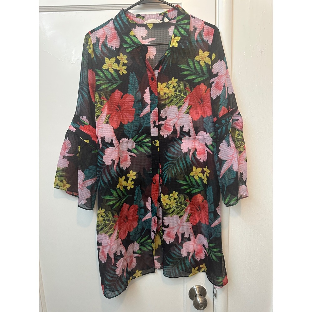 Soft Surroundings Tropical Hibiscus Floral‎ Sheer Tunic Bell Sleeve Top Medium
